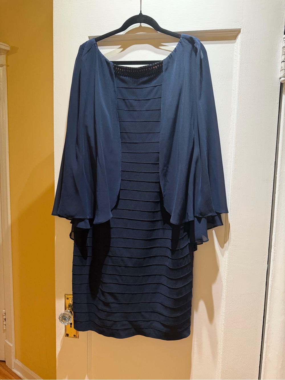 Adrianna Papell Navy Layered Midi Dress with Chiffon Jacket